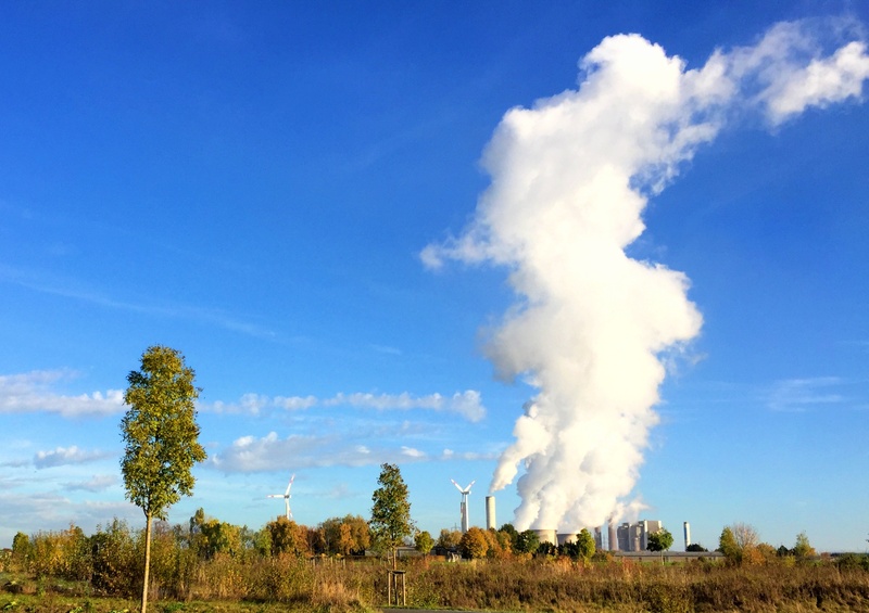 wind power, blue, tree, coal fired power plant, steam, 1080P, factory, smoke - Physical Structure, plant, no people, clouds factory, environment, cloud - sky