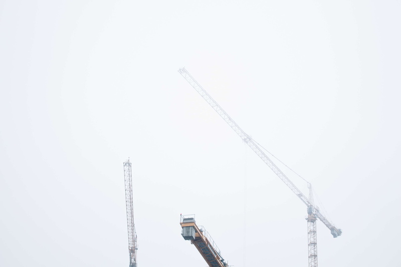 low angle view, ladder, crane arm, tall - high, mist, home improvement, crane, vienna, sky, construction site, architecture, journey, crane - construction machinery