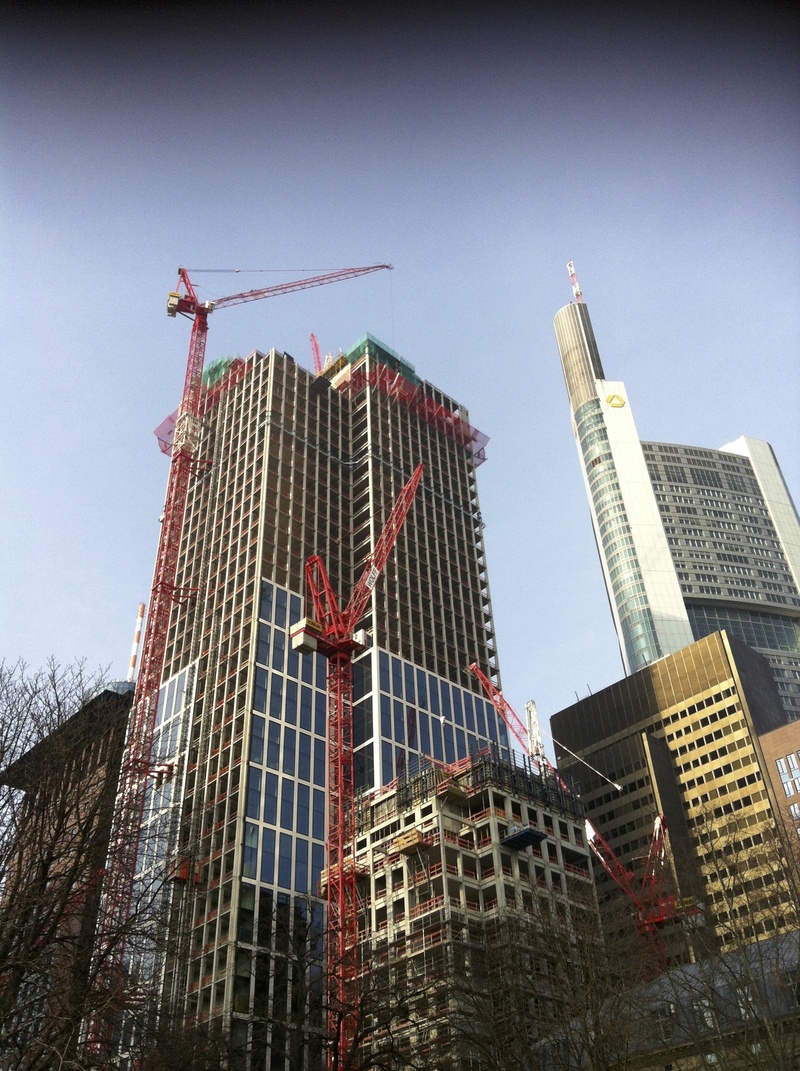 machinery, building exterior, site, skyscraper, building, skyscrapers, incomplete, city, office building exterior, frankfurt, tall - high, development
