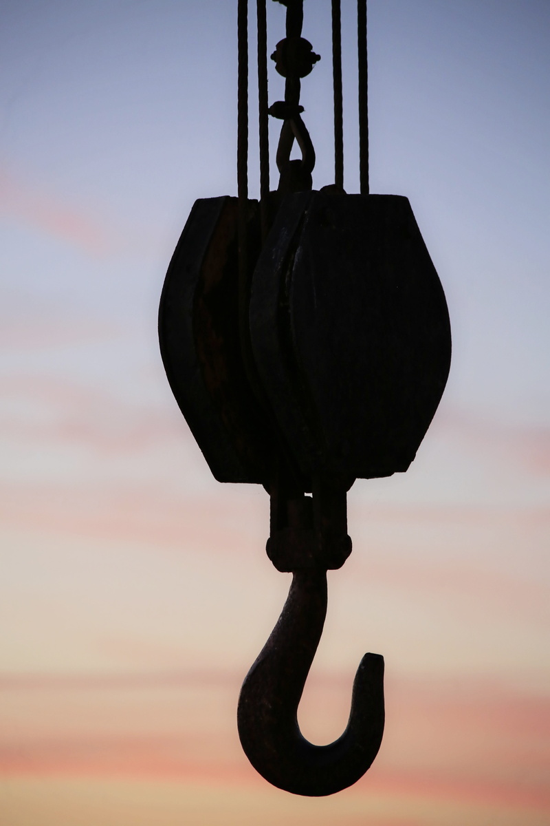 history, industrial, close-up, hanging, lifting, pulley, day, hook, 5K, site, silhouette, nature, black color, dusk, sunset, the past, focus on foreground