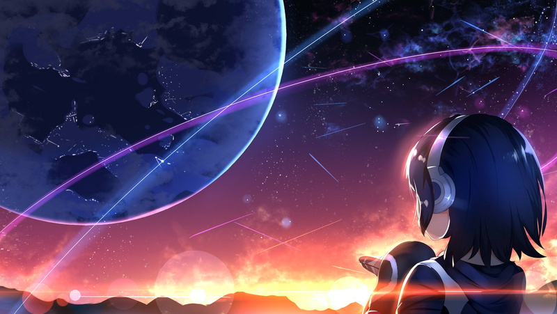 humboldt penguin, composite image, rear view, indoors, kemono friends, headphones, sky, women, planet, looking at view, astronomy, nature, star - space