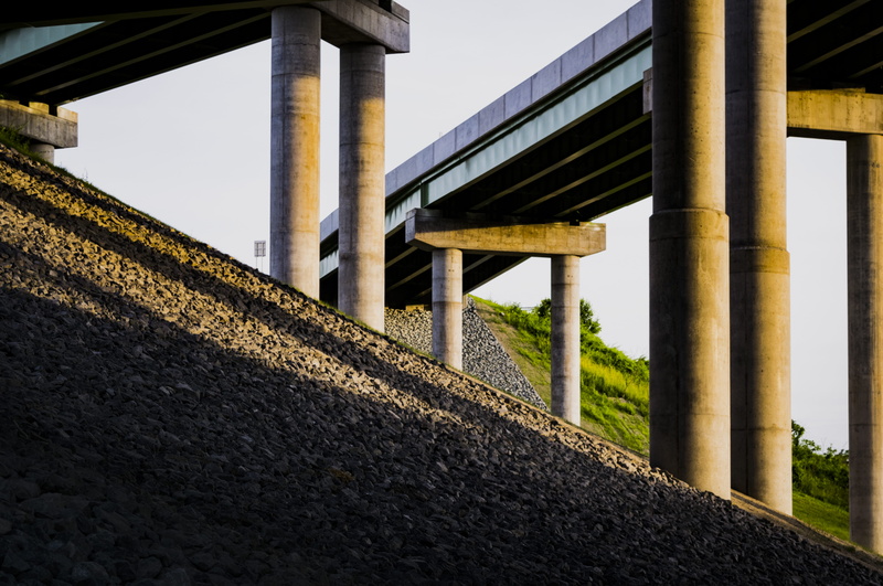 skyway bridge, low angle view, architecture, outdoors, building, gray, railing, black, nature, architecture And Buildings, photography, sunlight, angle