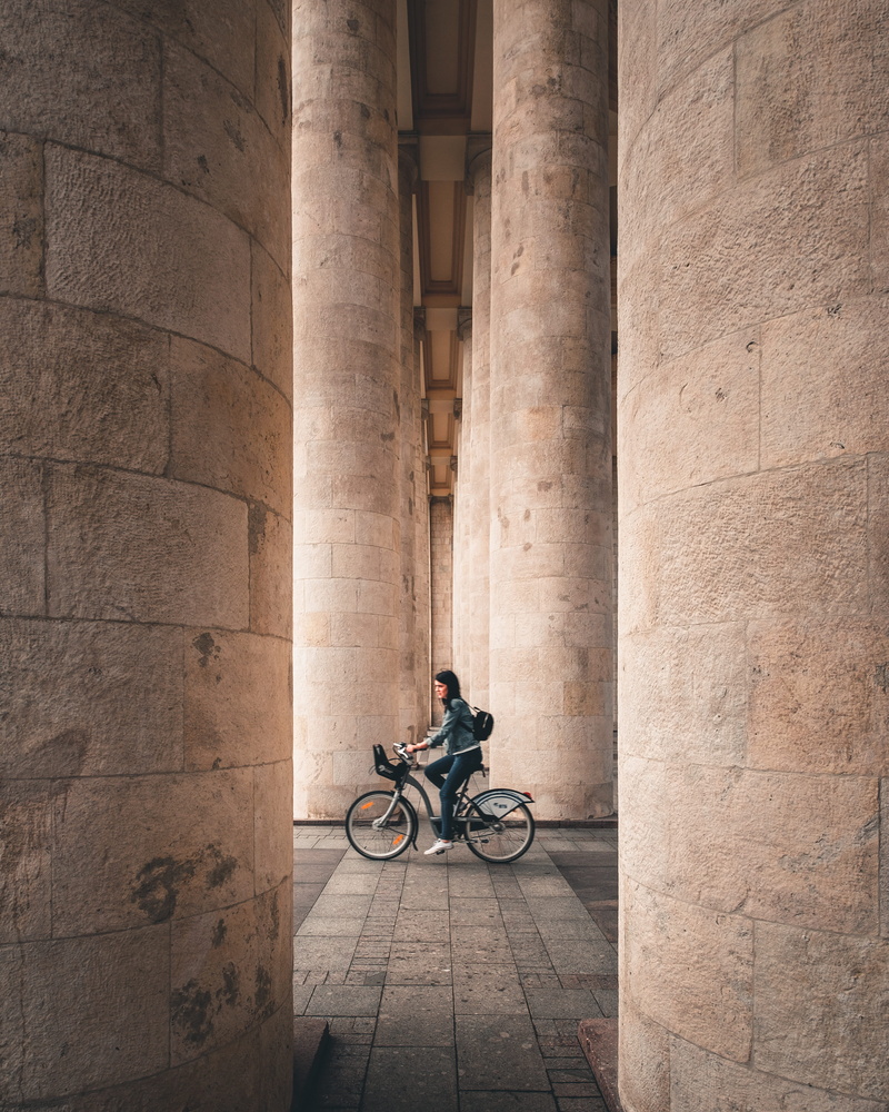 city, selective, activity, column, 4K, urban, perspective, street, architecture, architectural column, outdoors, transportation, riding, inside, built structure