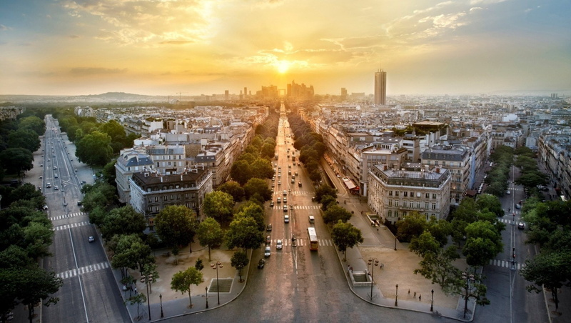 tree, La Défense, city, outdoors, built structure, Sunset, building, France, nature, Cities, sky, cityscape, building exterior, residential district, street