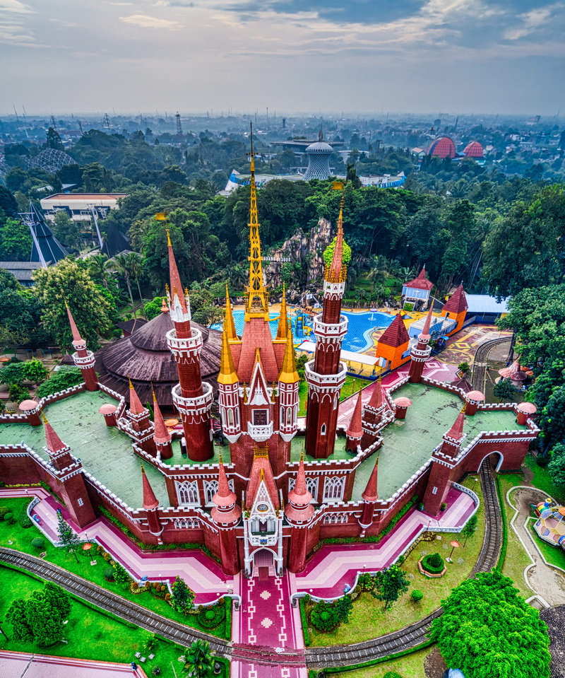 towers, birds eye view, place of worship, sculpture, built structure, red, nature, building exterior, high angle view, belief, drone shot, no people, plant