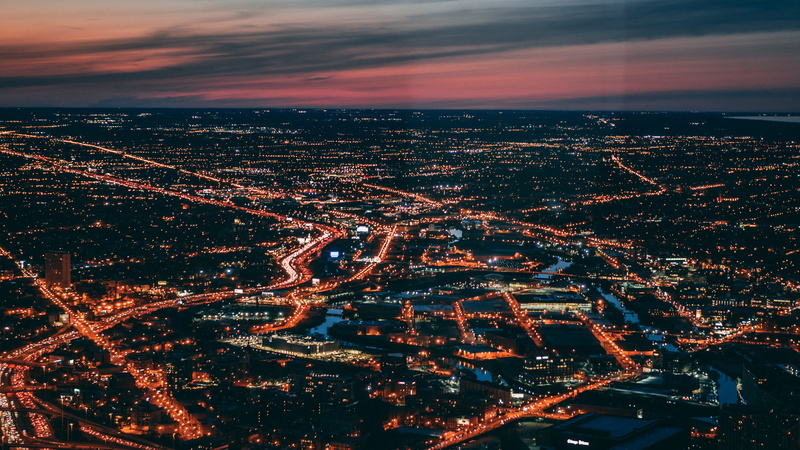 perspective, landscape, building, dusk, 5K, tranquil, cloud - sky, s, crowded, built structure, outdoors, drone view, lights, eye, building exterior