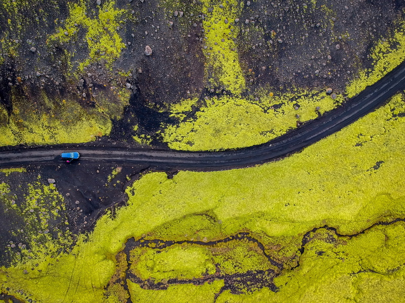 outdoors, green moss, non-urban scene, road, moss, green color, color, laki, roadtrip, drone shot, plant, laki volcano, blue, aerial, transportation, tranquility