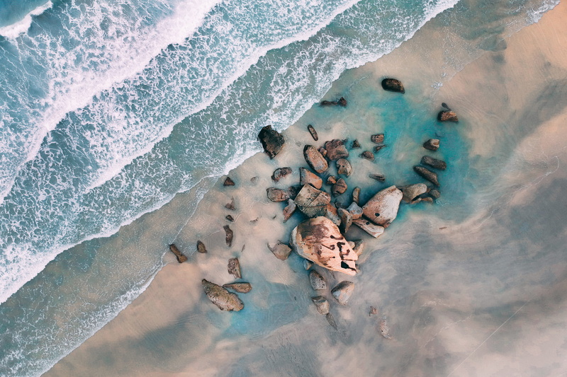 rocks, marine, landscape, beach, rock, solid, waves, sand, aerial, outdoors, drone shot, day, low tide, shot, land, surfing, water, wave, sport, 4K, shore