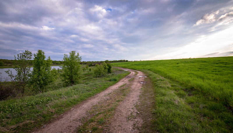 scenics - nature, nature, farmland, land, field, clouds, green, agriculture, dirt, cropland, 5K, road, rural scene, grass, tree, trees, lake, grassland