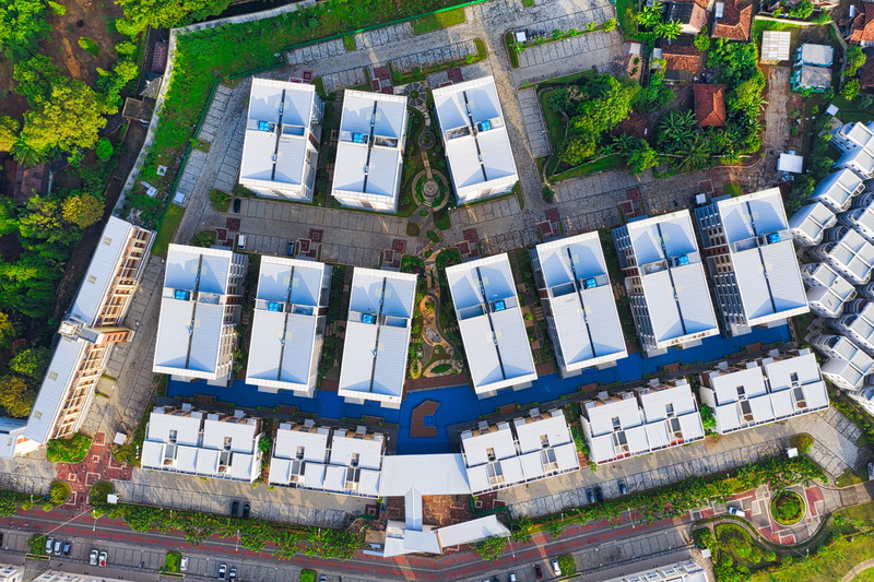 pattern, city, park, travel, fish-eye lens, drone, modern, building, housing development, retro, design, rooftops, daylight, water, plant, outdoors, 5K
