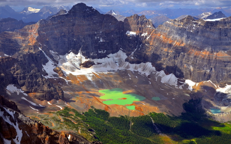 water, height, from above, shadow, tops, thawing, green, 1080P, lake, mountains