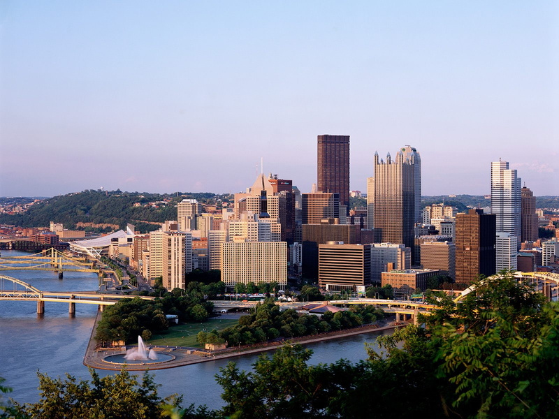 water, high angle view, building exterior, city, Duquesne, modern, clear sky, tree, Pittsburgh, Seen, skyscraper, outdoors, plant, tall - high, cityscape