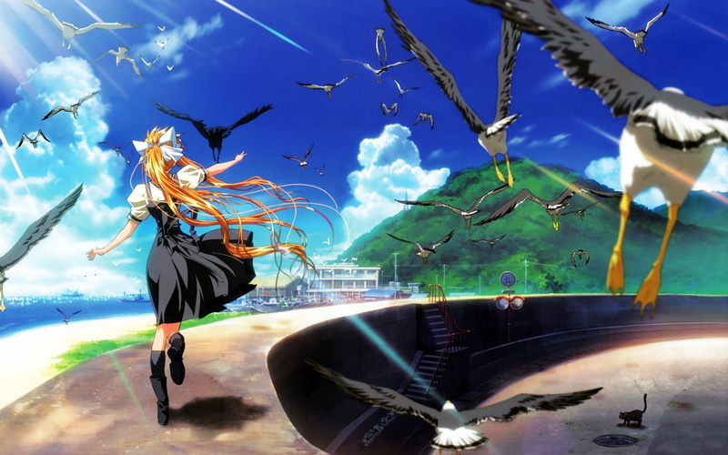 track, Misuzu Kamio, hill, Marina, 1080P, pool, from the back, Heights, the rays of the sun, yachts, long hair, blue sky, Air, seagulls, coast