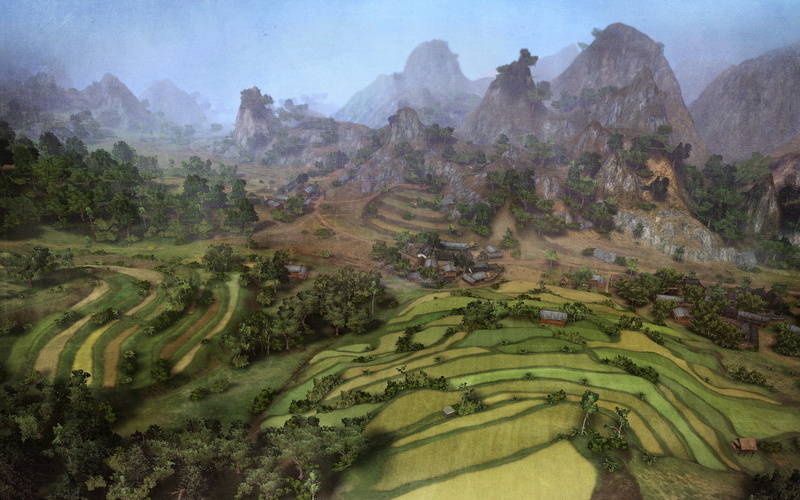 rice, green color, environment, outdoors, greens, game, field, day, art, tranquil scene, plant, landscape, panorama, sky, 1080P, mountain, graphics, terrain
