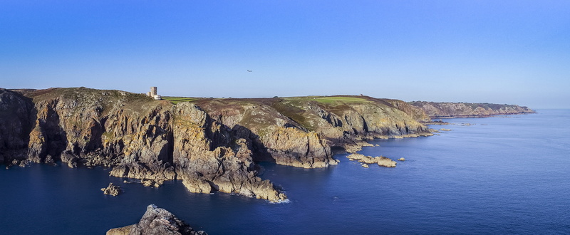 sky, cliff, rocky coastline, waterfront, nature, beach, german command post, land, ww2, sea, drone, 4K, solid, torteval, no people, coastline, rock, outdoors