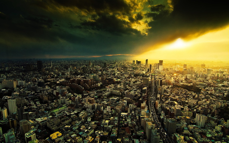 financial District, asia, cloud - Sky, tall - High, sunset, town, building, built Structure, light, building Exterior, buildings, high angle view, office building exterior