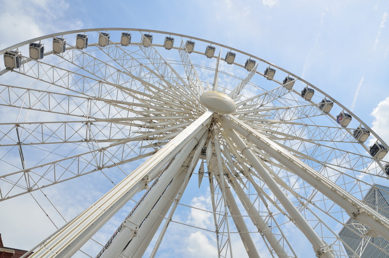 amusement park, skyview, cloud - sky, landmark, low angle view, city, wheel, park, fun, carnival - celebration event, blue, cityscape, people, angle, no people