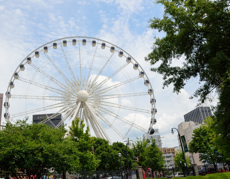 outdoors, scenery, park - Man Made Space, amusement park ride, large, ride, day, georgia, atlanta skyline, Ferris Wheel, buildings, cityscape, atlanta
