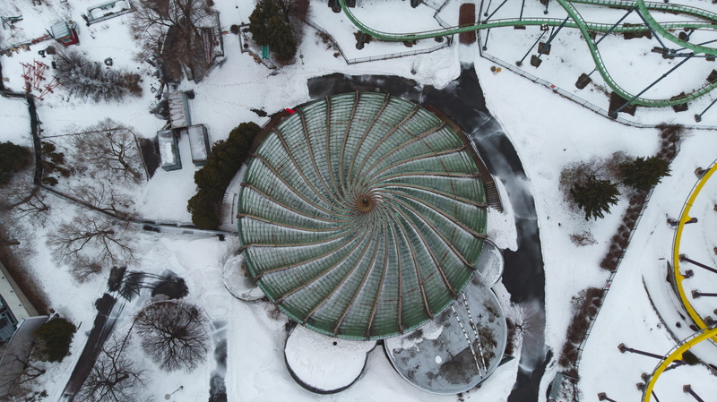 4K, beauty in nature, shape, architecture, directly above, aerial, snow, stadium, tree, white, built structure, plant, abstract, winter, grey, mavic air