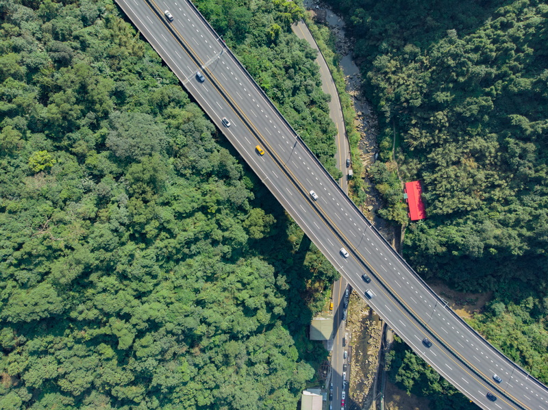 connection, mode of transportation, scenics - nature, taiwan, landscape, intersection, green color, forest, aerial, nature, building, road, aerial view