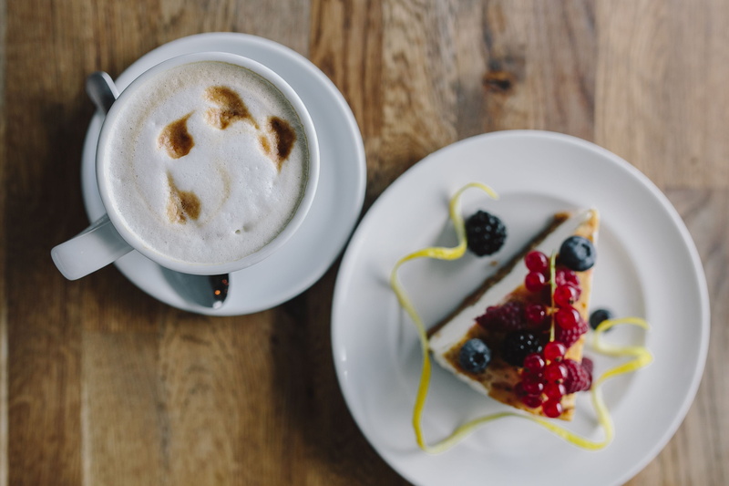 Cup of coffee, cafe, freshness, cup, wellbeing, cheese, coffee cup, healthy eating, fruits, frothy drink, breakfast, cheesecake, coffee, still life, time