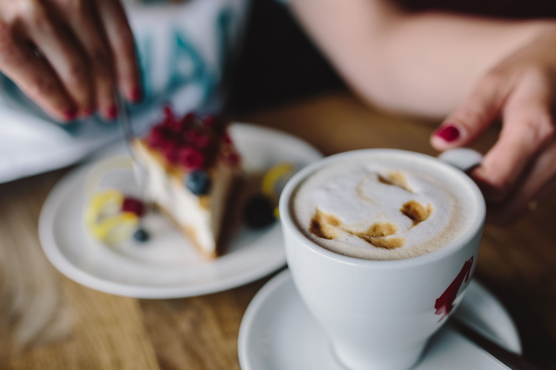 mug, morning, coffee - drink, refreshment, cup, fruits, cheesecake, focus on foreground, hot drink, caucasian Ethnicity, food and drink, females, time