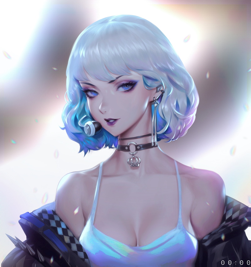 women, blue eyes, simple background, portrait, 4K, jacket, blue hair, choker, Zeronis, drawing