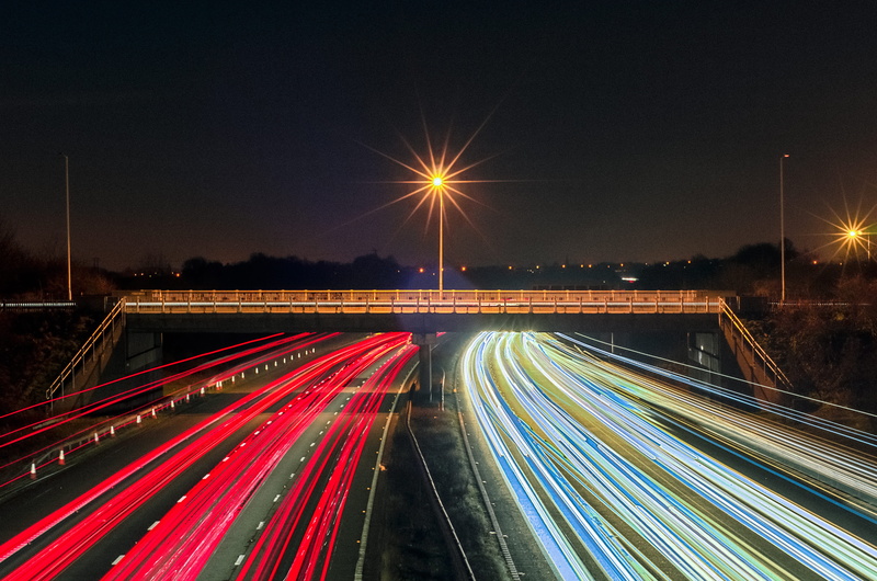 street light, long exposure, light, city, cars, lighting equipment, multiple lane highway, road, motorway, speed, lights, sky, 4K, united kingdom, light trail