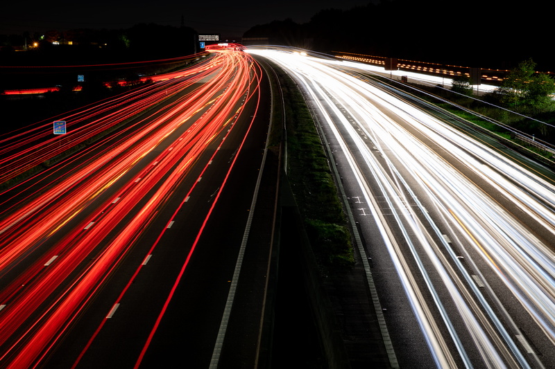 light trail, illuminated, rotherham, red, traffic, multiple lane highway, outdoors, highway, high angle view, street, long exposure, lighting equipment