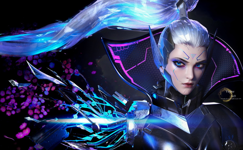 Vayne (League of Legends), blue eyes, Yihao Ren, Vayne, 4K, petals, portrait, pink, glowing eyes, blue, women, CGI, ponytail, League of Legends, cyborg