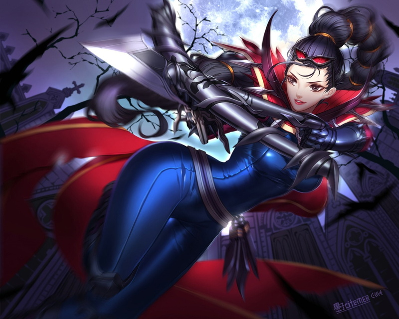 goggles, weapon, eyes, bodysuit, skintight, vayne, hair, legends, cape, liuruoyu8888, ponytail, 720P, long, shauna, bow, (weapon), moon, black, league