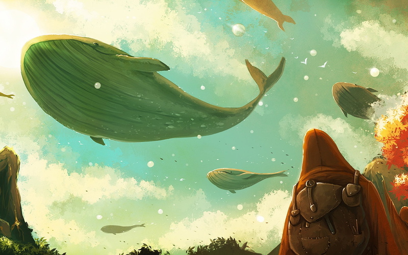 surreal, artwork, clouds, backpacks, 1080P, atmosphere, flying, whale
