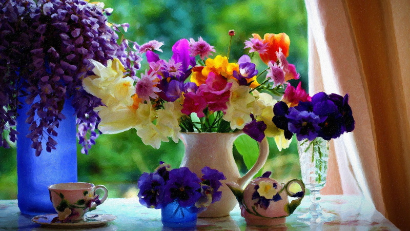 2K, flowers, painting, bouquets, vases, cup, pansies