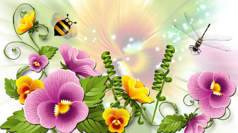 spring, summer, pansies, color, dragonflies, abstract, dragonfly, gold, purple yellow, violets, 1080P, bees, bright