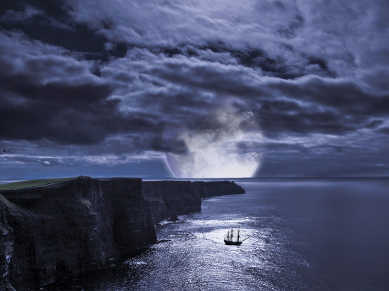 overcast, tranquil scene, Sailing Vessel, Moon, cliffs of moher munster, day, dramatic sky, thunderstorm, water, storm, sky, power, boat, scenics - nature