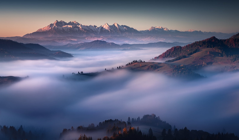 snowy peak, landscape, sunrise, forest, Karol Nienartowicz, mist, sky, horizon, 720P, mountains
