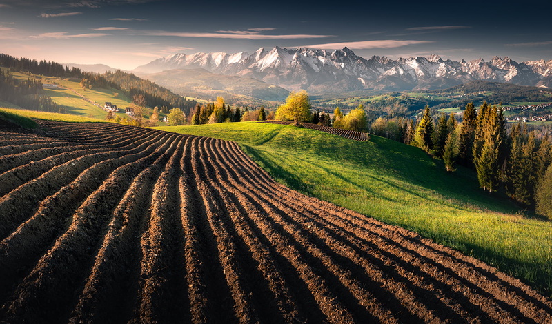 mountains, sunrise, farm, 720P, landscape, snowy peak, field, Karol Nienartowicz