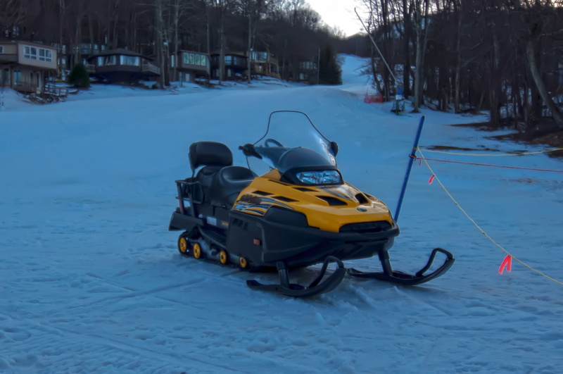 day, snow, land vehicle, scooter, yellow, hut, winter, seat, no people, street, chilly, sled, ice, season, frozen, motor vehicle, 1080P, machine, tree