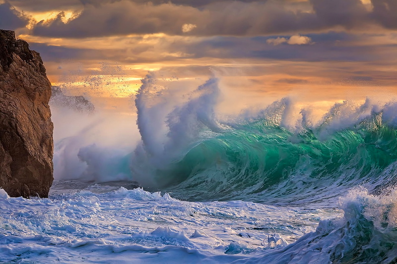 weather, winter, sea, motion, rock, sunrise - Dawn, scenics - nature, no people, the sky, cold - Temperature, fog, clouds, atlantic Ocean, ice, tranquility