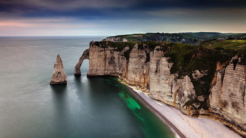 clouds, beach, landscape, France, cliff, nature, Étretat, house, sea, 1080P, rock, trees