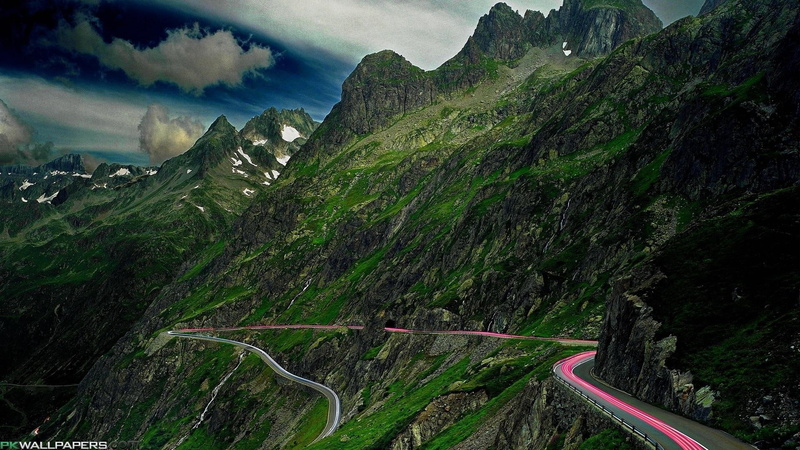 serpentine, lights, nature and landscapes, clouds, road, mountains, 1080P