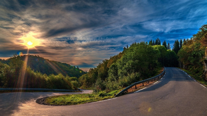 the way forward, blue, environment, cloudscape, autumn, green Color, asphalt, sunlight, transportation, non-Urban Scene, scenics, street, 1080P, sun, highway