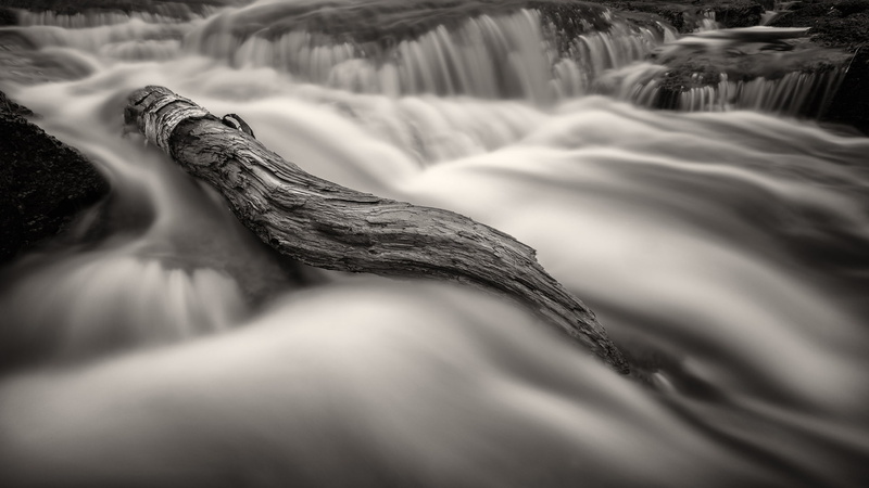 1080P, river, nature, log, stream, motion blur, monochrome, water, long exposure
