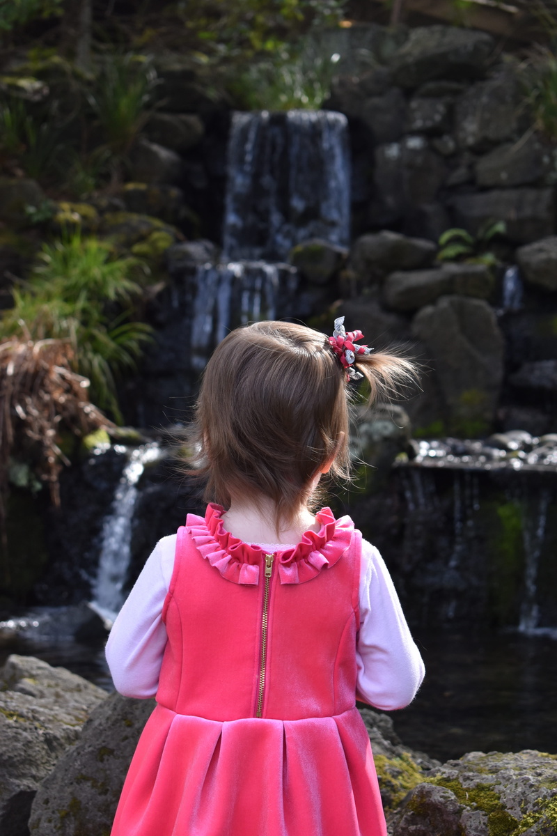 pink color, leisure activity, plant, innocence, fantasy, rear view, nature, skin, real people, childhood, outdoors, mountain, girl, women, girls, waterfall