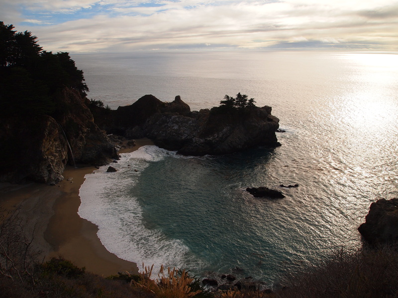 beauty in nature, rock formation, solid, sea, california, 4K, sky, rocky coastline, mcway falls, ocean, rock - object, sunset, water, tranquil scene, outdoors