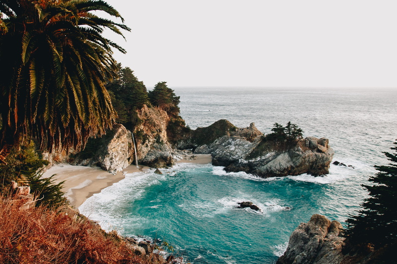 nature, rock, land, bird, mcway falls, cliff, beach, view, sea, sky, scenics - nature, big sur waterfall, beauty in nature, eye, 5K, summer, horizon, tranquility