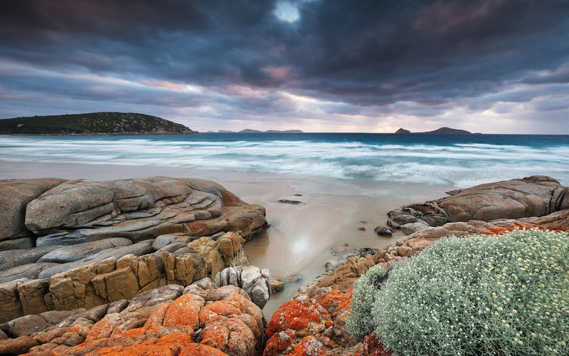 Promontory, body, Wilsons, Bay, Rocks, Whiskey, orange, water, gray, 1080P, stone, Sea, Coast, Australia