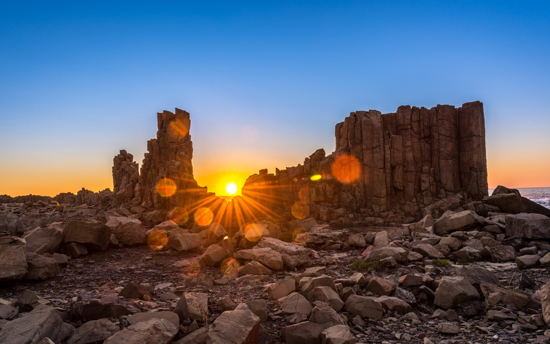 kiamadown, rockycoastline, photography, coastal, blue, headland, brown, 5K, sunrise, australia, newsouthwales, rocks, orange, bombo, sky, landscape