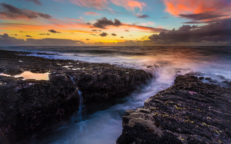 photography, seascape, no people, motion, cloud - sky, horizon over water, power in nature, tranquility, rock, solid, sky, sunset, rockycoastline, 4K