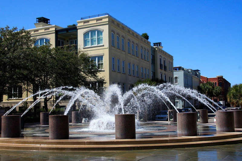 tree, South Carolina, city, United States, motion, architecture, Fountain, sky, no people, 720P, photos, spraying, charleston, building, built Structure